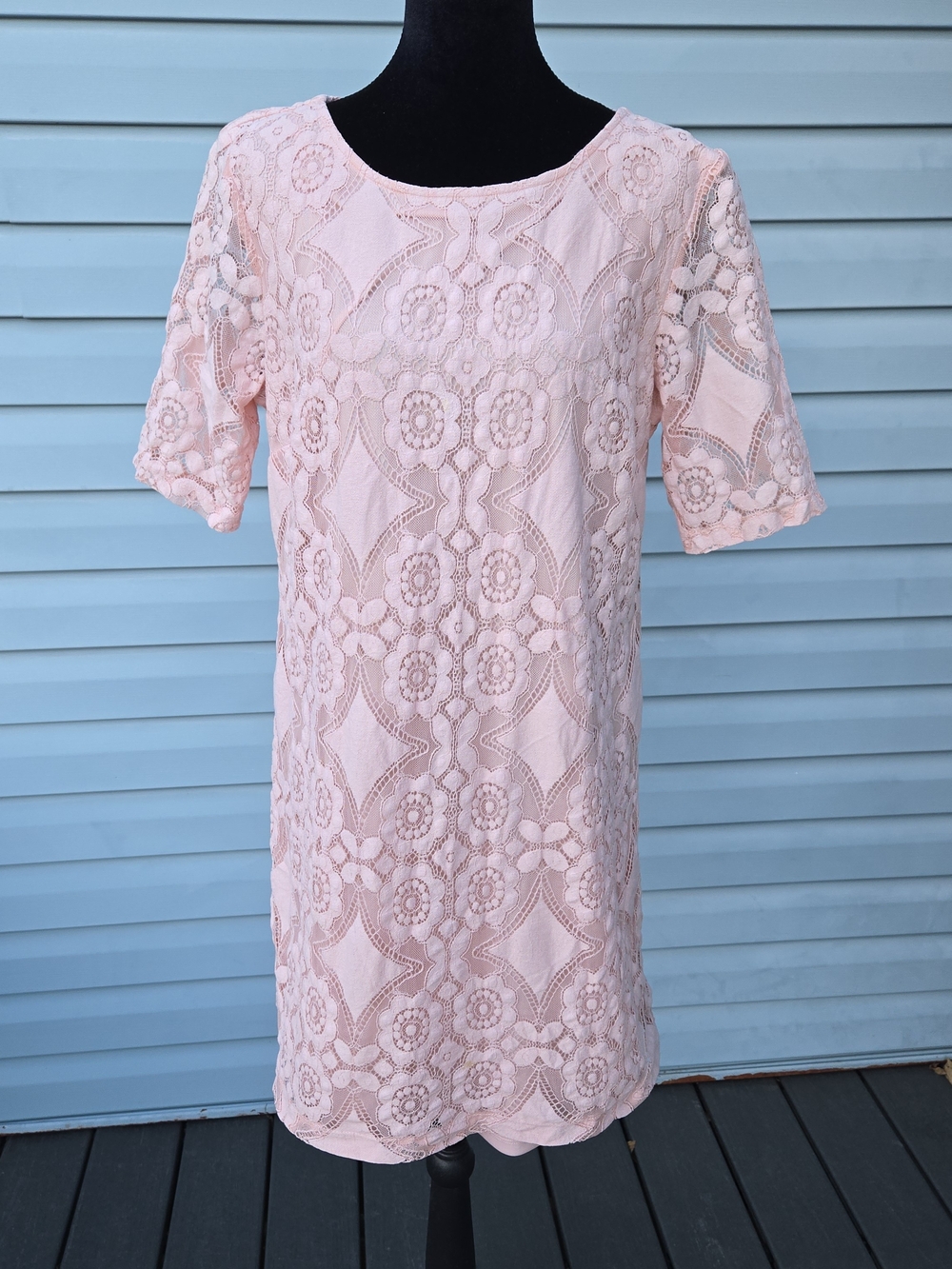 Madison Leigh Womens Pink Lace Shift Dress Size 14 Short Sleeve Floral Overlay M
